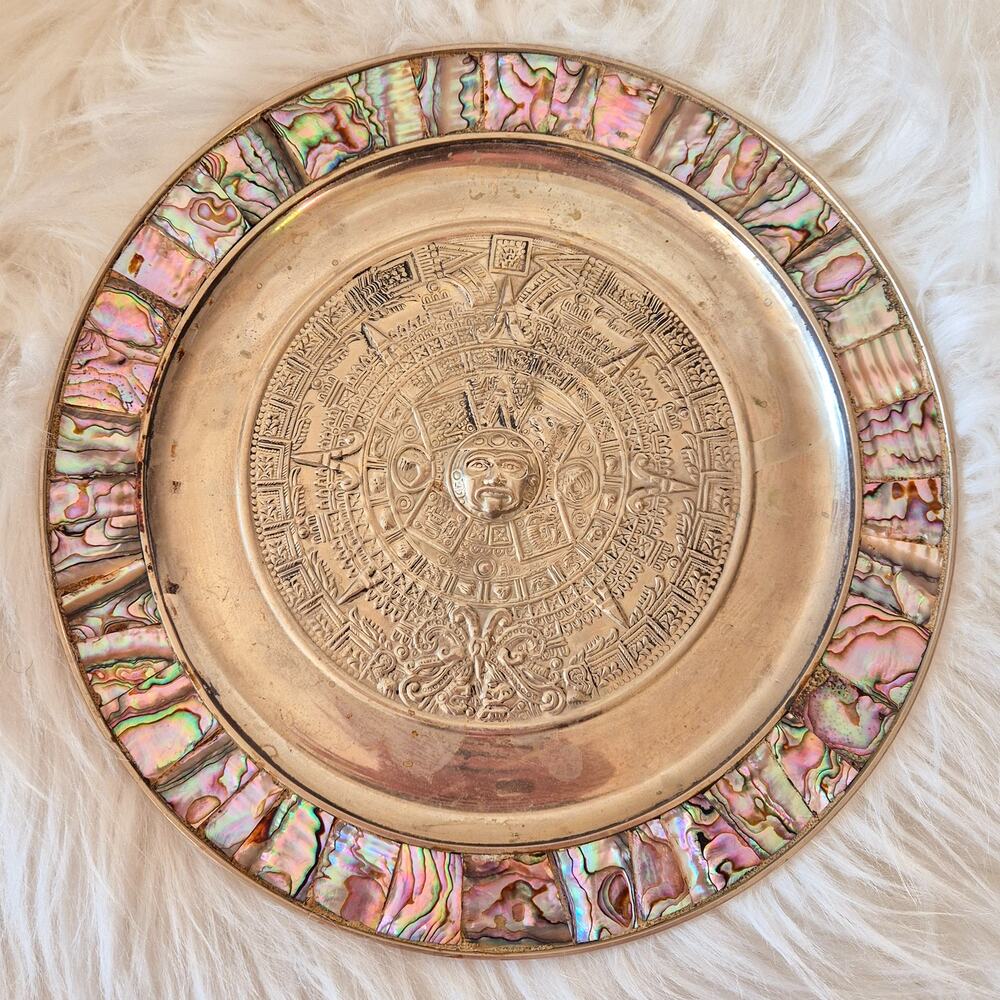 Vintage Mexican Alpaca Silver Abalone Aztec Calendar Wall Plate